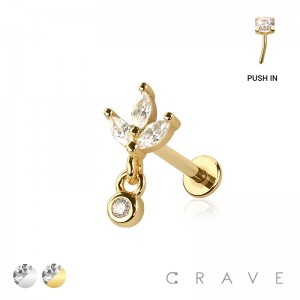 MULTI CZ MARQUISE WITH ROUND DANGLE CZ THREADLESS (PUSH IN) 316L SURGICAL STEEL LABRET SET